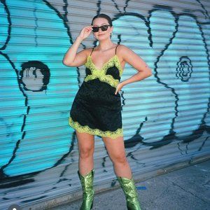 Alice + Olivia Black and Neon Green Lace Dress